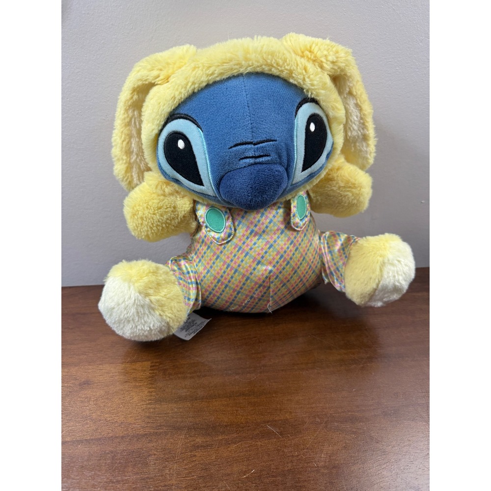 Disney Store Stitch Easter Bunny Plush Yellow Rabbit Costume Plaid Overalls